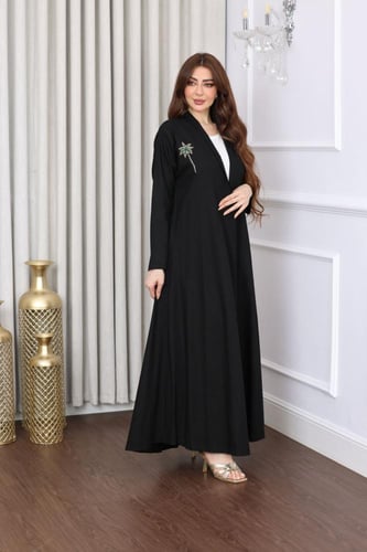 جلابية لينن بتطريز نخلة - تصميم عباية مفتوحة وبطان...