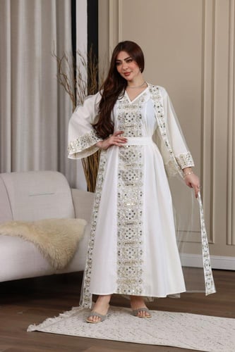 جلابية كويتية لينن قطعتين وبشت من التل المطرز