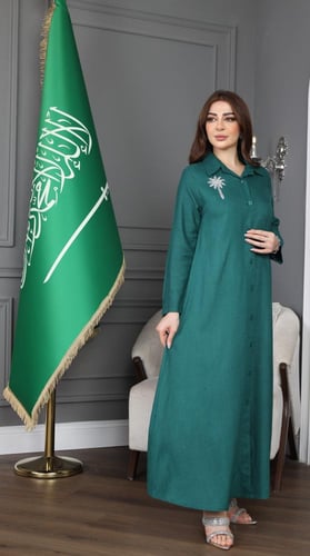 جلابية لينن بتطريز نخلة - تصميم عباية بأزرار كاملة