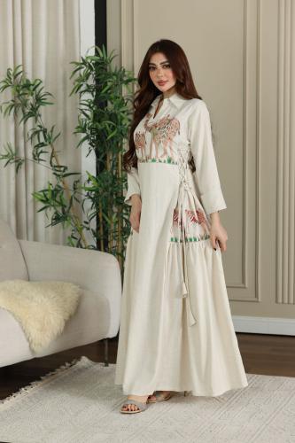 جلابية لينن بنقوشات الجمال العربية بإضافة ربطة من...