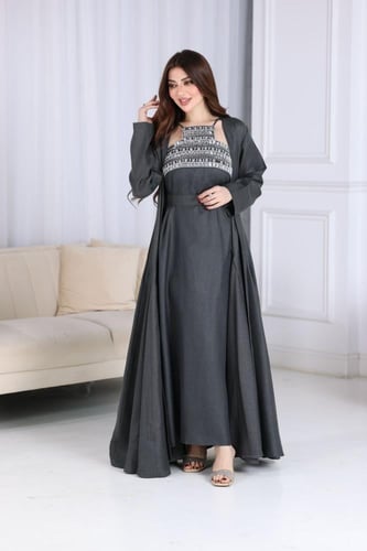 جلابية لينن قطعتين كويتية مطرزة بالفصوص الفضية في...