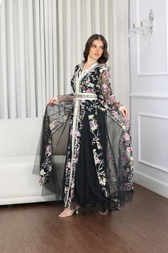 جلابية قفطان مغربي سهرة قطعتين من الساتان والتل ال...