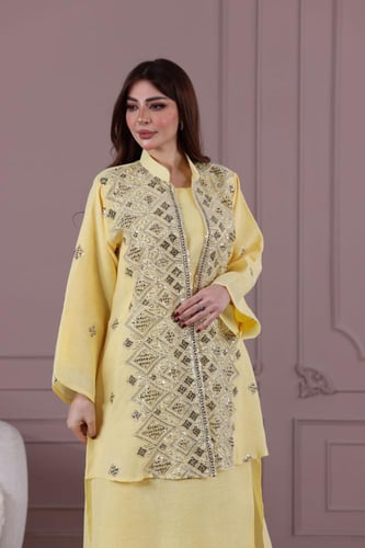 جلابية لينن كويتية قطعتين بتطريز شك أنيق