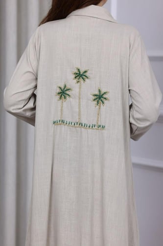 جلابية لينن بتطريز ثلاثة نخلات في الظهر