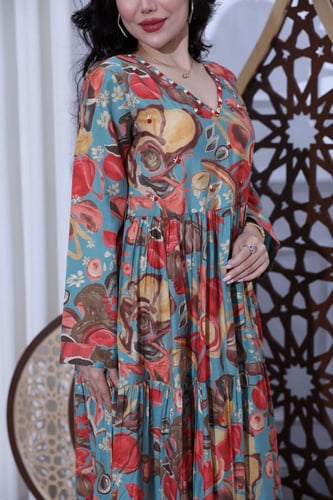 جلابية قطن موردة كلوش بنقوشات جميلة