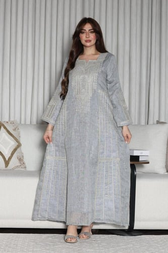 جلابية لينن خيش بتطريز عسيري وألوان صيفية زاهية