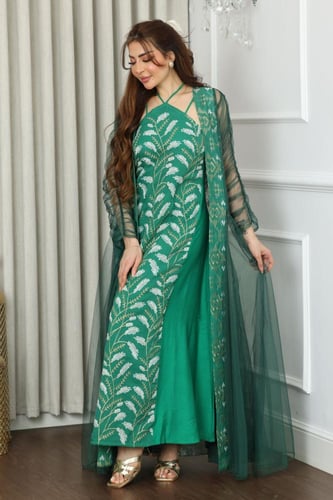 جلابية قطعتين مطرزة وأكمام زم