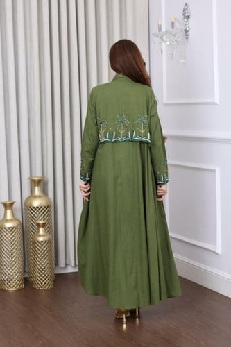 جلابية لينن مفتوحة بتطريز نخل انيق - موديل عباية