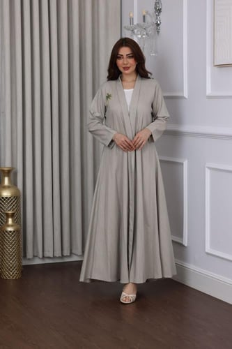 جلابية لينن بتطريز نخلة - تصميم عباية مفتوحة وبطان...