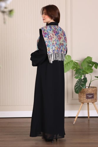 جلابية شيفون مبطن وصدرية ترتر برقبة قلاب