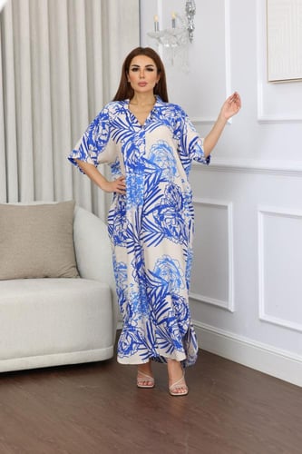 جلابية روز قطن خفيف صيفية طويلة ( رقبة قلاب )