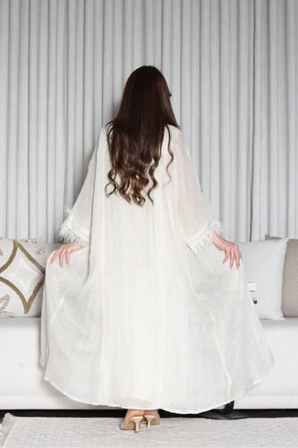 جلابية قطعتين متصلة لينن خيش بتطريز في الصدر واكما...