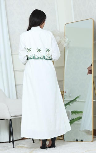 جلابية لينن مفتوحة بتطريز انيق - موديل عباية