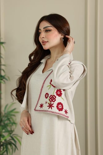 جلابية لينن ( نسائية ) بسديري وتطريز كمبيوتر مورد