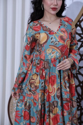 جلابية قطن موردة كلوش بنقوشات جميلة