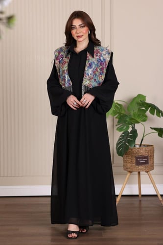 جلابية شيفون مبطن وصدرية ترتر برقبة قلاب