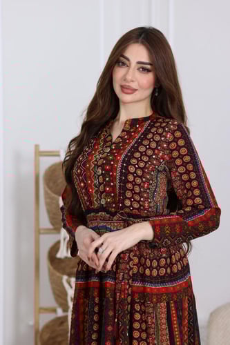 جلابية رايون قطن مشجرة بتطريز خفيف في الصدر