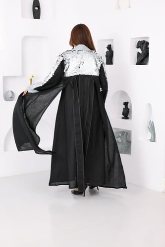 جلابية لينن قطعتين بتدخيلات الترتر وفتحة في الظهر