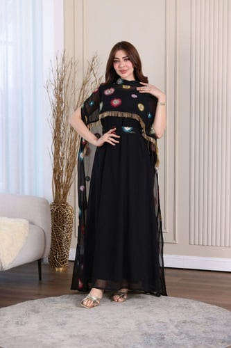 جلابية شيفون قطعتين بهدب وتطريز كمبيوتر