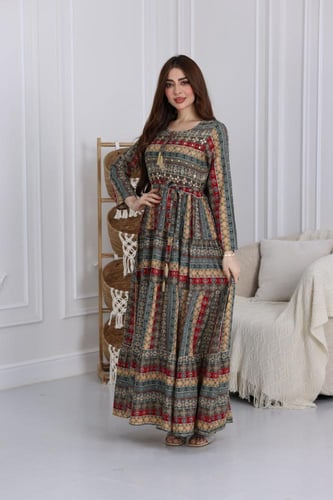 جلابية رايون قطن مشجرة بتطريز خفيف في الصدر