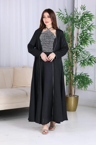 جلابية لينن قطعتين كويتية مطرزة بالفصوص الفضية في...