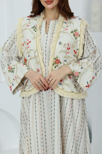 جلابية لينن مخطط رمضانية وسديري مطرز بورود وهدب