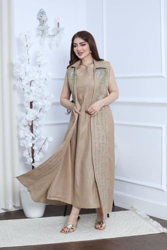 جلابية لينن خيش كت قطعتين بتطريز أنيق