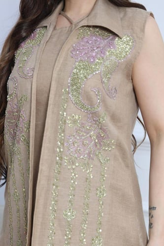 جلابية لينن خيش كت قطعتين بتطريز أنيق