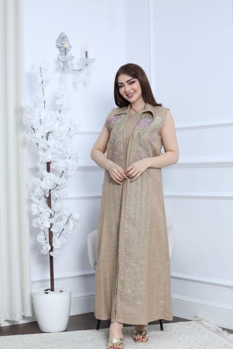 جلابية لينن خيش كت قطعتين بتطريز أنيق