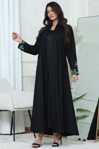 جلابية لينن مفتوحة بتطريز انيق - موديل عباية