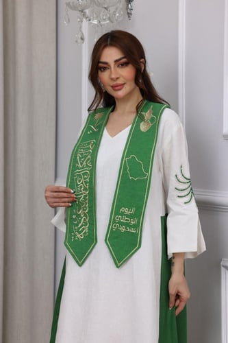 وشاح بخامة الكتان - بتطريز كمبيوتر ذهبي