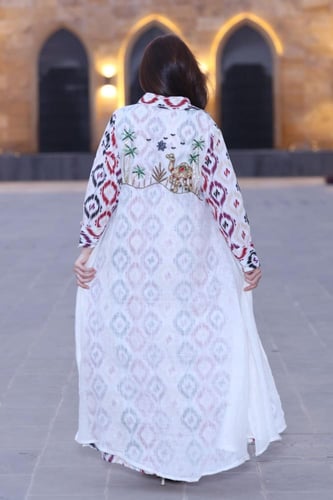 جلابية لينن خيش خفيف قطعتين بتطريز أنيق جمل ونخل ف...