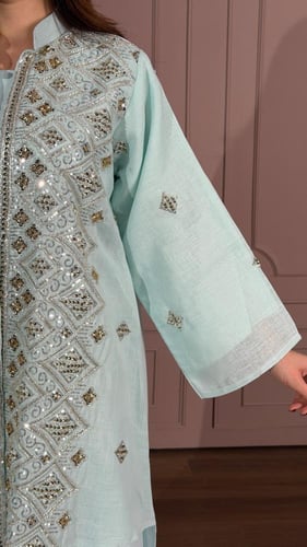 جلابية لينن كويتية قطعتين بتطريز شك أنيق