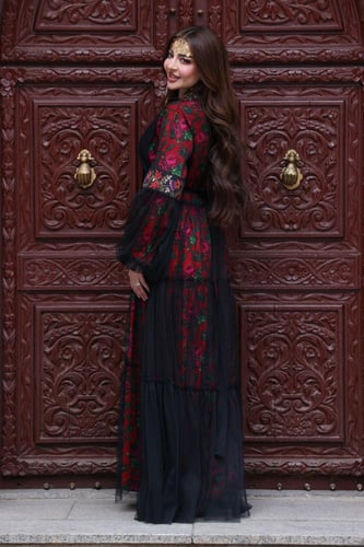 جلابية كريب بحريني ممزوجة بشالكي و تل اسود