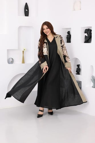 جلابية لينن قطعتين بتدخيلات الترتر وفتحة في الظهر