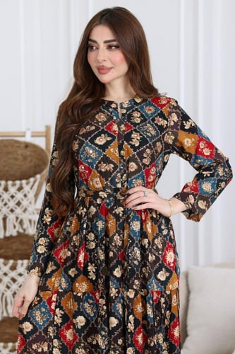 جلابية رايون قطن مشجرة بتطريز خفيف في الصدر