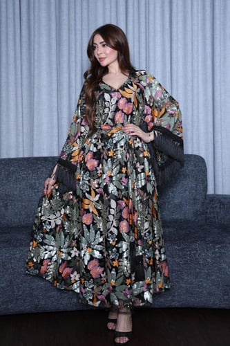 جلابية بتطريز ترتر لامع – بألوان أورنج وموف