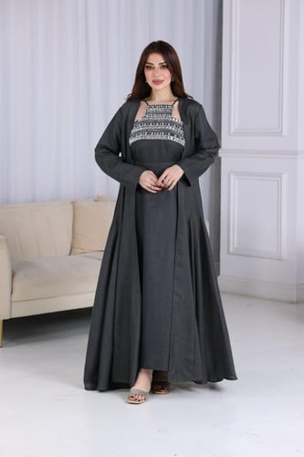 جلابية لينن قطعتين كويتية مطرزة بالفصوص الفضية في...