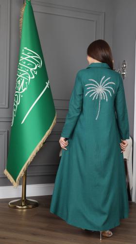 جلابية لينن بتطريز نخلة - تصميم عباية بأزرار كاملة