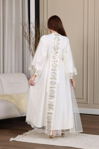 جلابية كويتية لينن قطعتين وبشت من التل المطرز