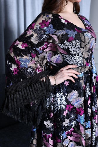 جلابية بتطريز ترتر لامع – بألوان أورنج وموف