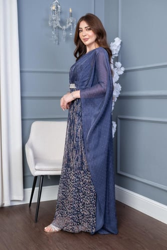 جلابية بخامة الاورجنزا راقية بلون كحلي ولمعة زاهية