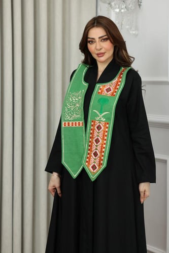 وشاح بخامة الكتان - بتطريز كمبيوتر سيفين ونخلة