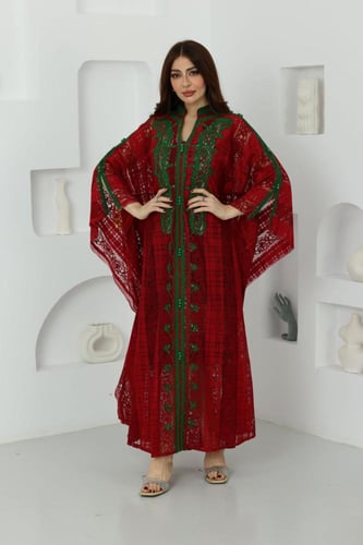 جلابية دانتيل كاروهات فراشة بتطريز مغربي أنيق