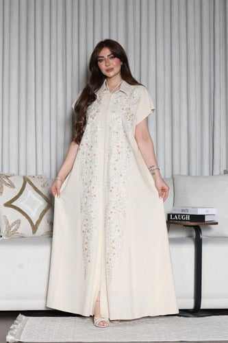 جلابية لينن كت قطعتين بتطريز فخم