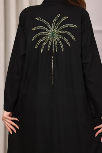 جلابية لينن بتطريز نخلة - تصميم عباية مفتوحة وبطان...