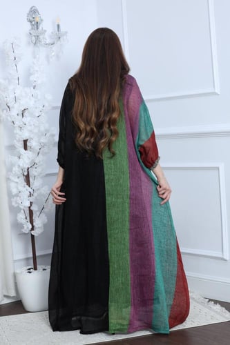 جلابية لينن خيش مبطن بإضافة اللولو في الرقبة