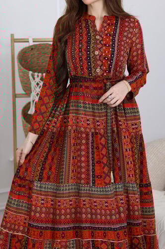 جلابية رايون قطن مشجرة بتطريز خفيف في الصدر