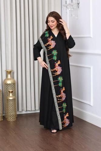جلابية لينن بوشاح مطرز نخلة وجمل - تصميم عباية مفت...