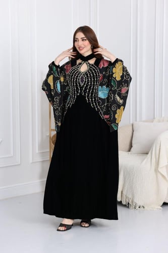 جلابية مخمل بتطريز شك في الصدر وأكمام شيفون مورد و...